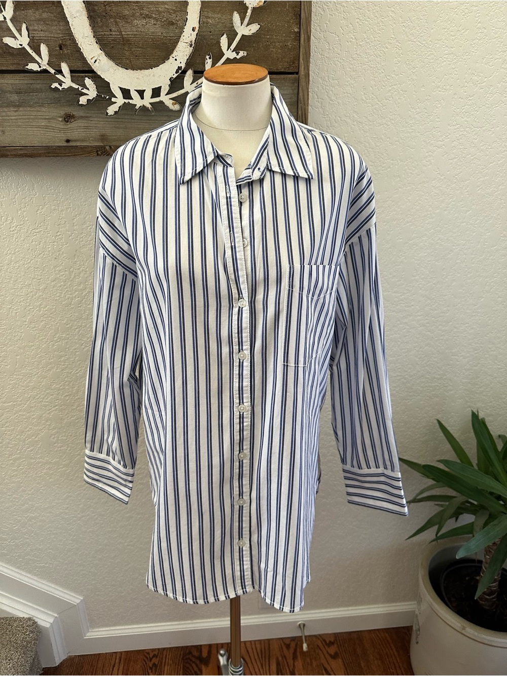 Anthropologie Maeve blue striped cotton button down oversized shirt size M NWT